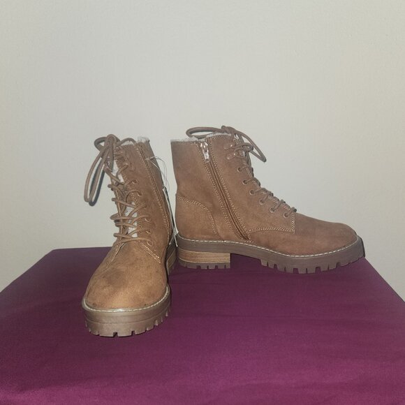 Universal Thread Tessie Sherpa Hiking Boots Faux Suede Leather Cognac Size 7 - Picture 3 of 8